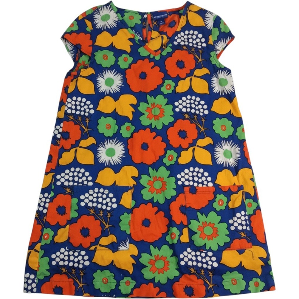 Mini Boden Girls Blue Orange Floral Patch Pocket Shift Dress Size 9-10Y